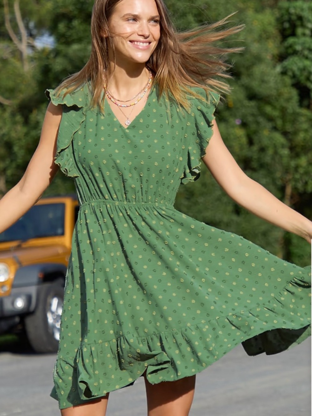Cupshe Green V-Neck Flutter Sleeve Flounce Hem Mini Dress Size Medium